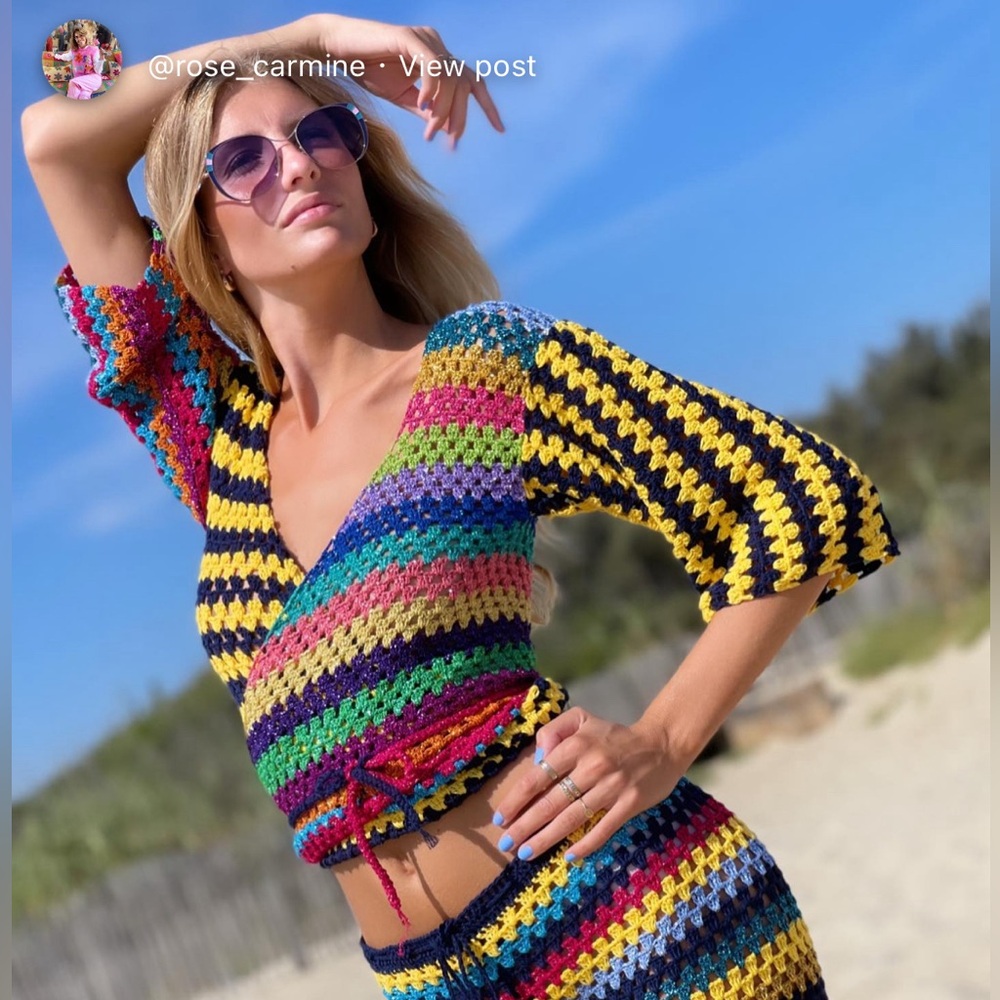 Rose Carmine rainbow metallic knit wrap top one size